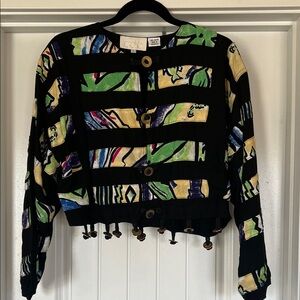 Vintage Cache Abstract Cropped Jacket – Gold Buttons & Dangling Charms